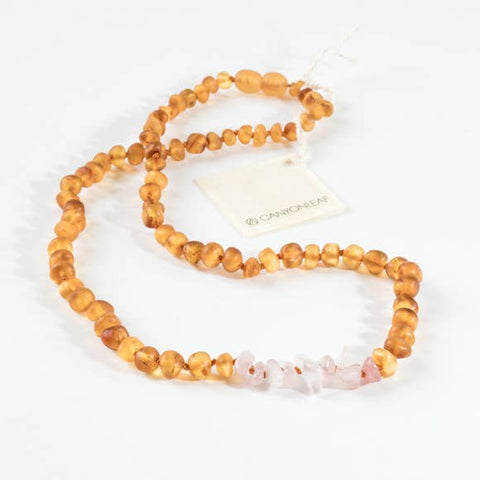 Canyon Leaf Baltic Amber + Rose Quartz Necklace (Adult's Sizes)