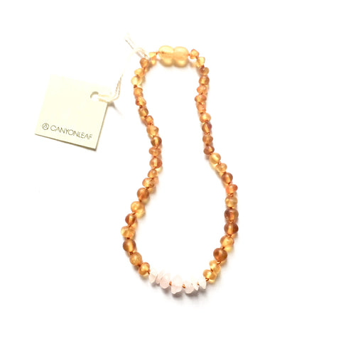 Canyon Leaf Baltic Amber + Rose Quartz Necklace (Youth's Sizes)